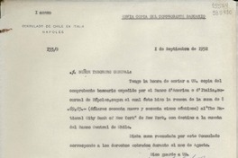 [Oficio] N° 153, 1952 sept. 1, Nápoles, Italia [al] Señor Tesorero General de la República de Chile
