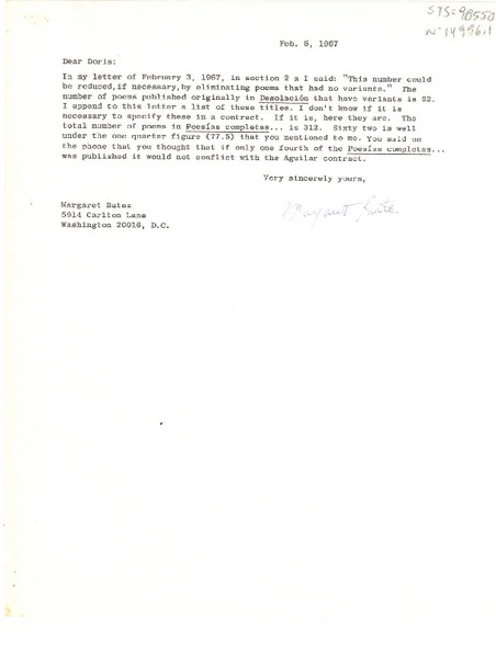 [Carta] 1967 feb. 6, Washington D.C., [Estados Unidos] [a] Doris [Dana]