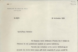[Oficio] N° 163G, 1952 sett. 10, Nápoles, Italia [a la] Spett/Casa Editrice