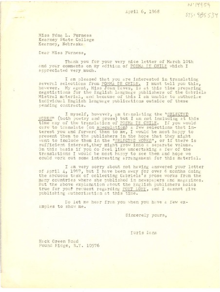 [Carta] 1968 apr. 6, Pound Ridge, New York, [Estados Unidos] [a] Edna L. Furness, Kearney, Nebraska, [Estados Unidos]