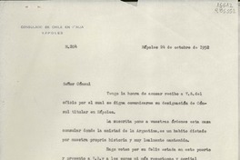 [Oficio] N° 204, 1952 oct. 24, Nápoles, Italia [al] Señor Cónsul de Argentina en Nápoles, [Italia]