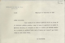 [Oficio] N° 323, 1952 dic. 4, Nápoles, Italia [al] Señor Embajador de Chile en Londres