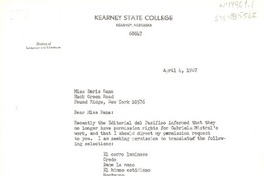 [Carta] 1967 apr. 4, Kearney, Nebraska, [Estados Unidos] [a] Doris Dana, Pound Ridge, New York, [Estados Unidos]