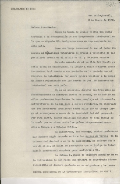 [Oficio] 1938 ene. 8, San Pablo, Brasil [a la] Señora Presidenta de la Cooperación Intelectual de Chile