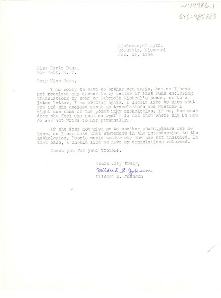 [Carta] 1954 jan. 16, Columbia, Missouri, [a] Doris Dana, New York, [Estados Unidos]