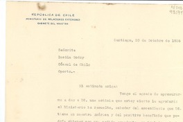 [Carta] 1936 oct. 30, Santiago, Chile [a la] Señorita Lucila Godoy, Cónsul de Chile, Oporto, [Portugal]