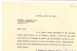 [Carta] 1937 Apr. 14, Lisboa, [Portugal] [a] Hermann, Theisen & Co., 9 Cité D'Heuteville, Paris 10 e., [France]