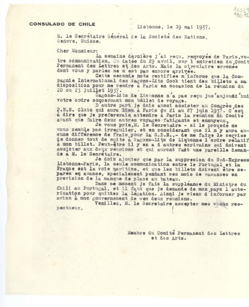 [Carta] 1937 mai 19, Lisbonne, [Portugal] [a] M. le Secrétaire Général de la Societé des Nations, Geneve, Suisse