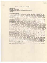 [Carta] 1937 mayo 20, Lisboa, [Portugal] [al] Senhor don Froilan Mangarrez, Director de "El Nacional Revolucionario", México