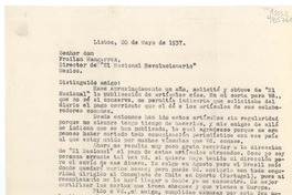 [Carta] 1937 mayo 20, Lisboa, [Portugal] [al] Senhor don Froilan Mangarrez, Director de "El Nacional Revolucionario", México