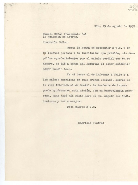 [Carta] 1937 ago. 25, Río, [Brasil] [al] Excmo. Señor Presidente de la Academia de Letras