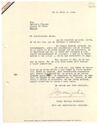 [Carta] 1934 abr. 23, [Santiago, Chile] [a] Sta. Gabriela Mistral, Cónsul de Chile, Madrid