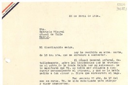 [Carta] 1934 abr. 23, [Santiago, Chile] [a] Sta. Gabriela Mistral, Cónsul de Chile, Madrid