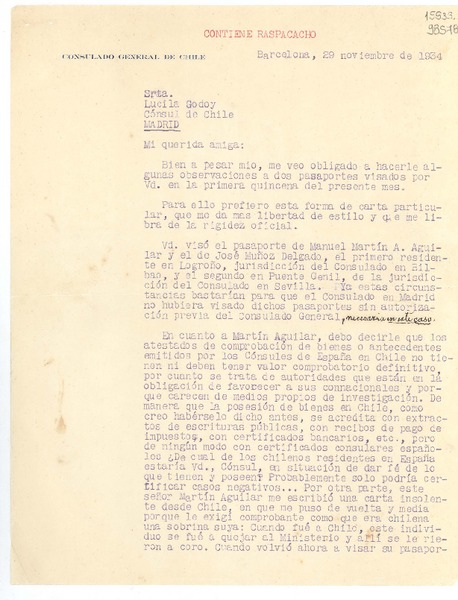 [Carta] 1934 nov. 29, Barcelona, España [a] Srta. Lucila Godoy, Cónsul de Chile, Madrid