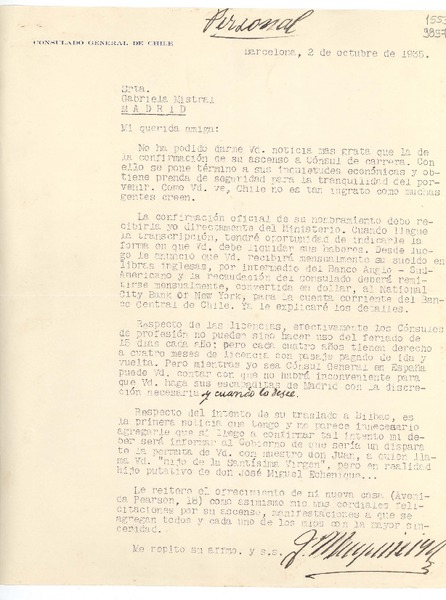 [Carta] 1935 oct. 2, Barcelona, España [a] Srta. Gabriela Mistral, Madrid