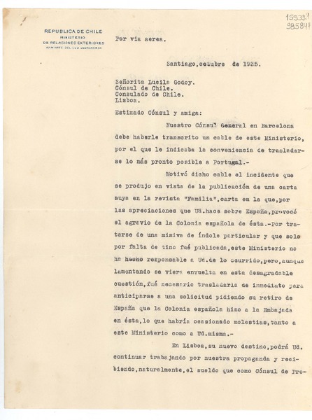 [Carta] 1935 oct., Santiago, [Chile] [a] Señorita Lucila Godoy, Cónsul de Chile, Lisboa