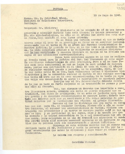 [Carta] 1940 mayo 29, [Brasil] [al] Excmo. Sr. D. Cristóbal Sáenz, Ministro de Relaciones Exteriores, Santiago, [Chile]
