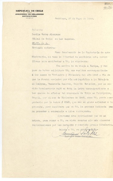[Carta] 1946 mayo 27, Santiago, [Chile] [a] Señorita Lucila Godoy Alcayaga, Consúl de Chile en Los Angeles, EE.UU.