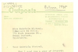 [Carta] [1948 otoño], [Manchester, Inglaterra] [a] Gabriela Mistral, Santa Barbara, California, [Estados Unidos]