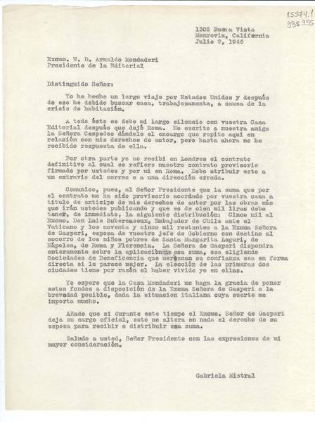 [Carta] 1946 jul. 2, Monrovia, California, [Estados Unidos] [a] Excmo. W. D. Arnaldo Mondadori