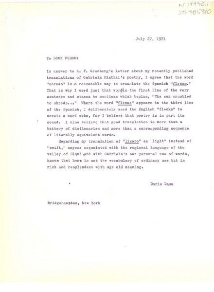 [Carta] 1948 jul. 27, Bridgehampton, New York, [Estados Unidos] [a] Book Forum
