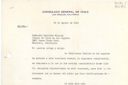 [Carta] 1946 ago. 26, Los Angeles, [Estados Unidos] [a] Señorita Gabriela Mistral, Monrovia, California
