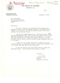 [Carta] 1970 sep. 1, [Washington, Estados Unidos] [a] Doris Dana, Bridgehampton, New York, [Estados Unidos]