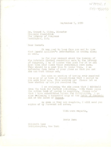 [Carta] 1970 sep. 7, Bridgehampton,New York, [Estados Unidos] [a] Howard F. Cline, [Washington, Estados Unidos]