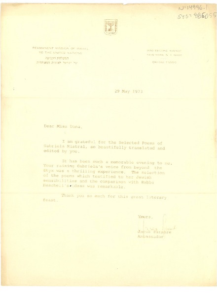 [Carta] 1973 may 29, New York, [Estados Unidos] [a] Doris [Dana], [Estados Unidos]