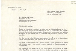 [Carta] N° 142, GM/cs, 1947 mar. 25, 1305 Buena Vista Street, Monrovia, California, [EE.UU.] [al] Dr. Luther H. Evans, Director de la Biblioteca del Congreso, Washington, D. C., [EE.UU.]