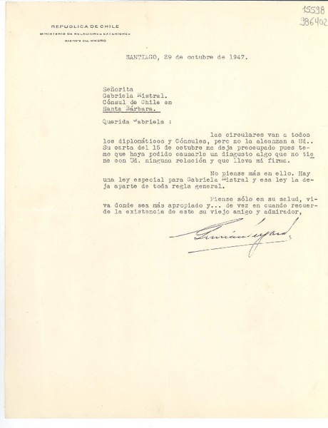 [Carta] 1947 oct. 29, Santiago, [Chile] [a] Señorita Gabriela Mistral, Cónsul de Chile en Santa Bárbara