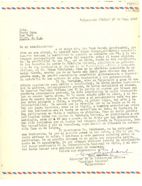 [Carta] 1960 sep. 20, Valparaíso, Chile [a] Doris Dana, New York, E.E.U.U. de N.A.