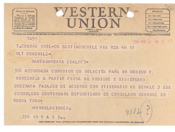 [Telegrama] 1948 feb. 12, Santiago, Chile [a] Consulado de Chile, Santa Barbara, Calif.