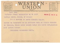 [Telegrama] 1948 abr. 14, Washington, [Estados Unidos] [a] Lucila Godoy, Cónsul de Chile, Santa Barbara