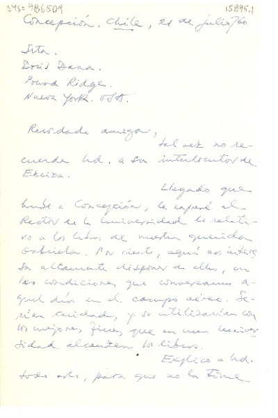 [Carta] 1960 jul. 21, Concepción, Chile [a] Doris Dana, Pound Ridge, Nueva York, USA