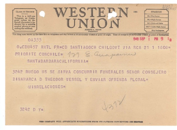 [Telegrama] 1948 Sept. 1, Santiago, [Chile] [al] Con. Chile, Santa Barbara, California, [EE.UU.]