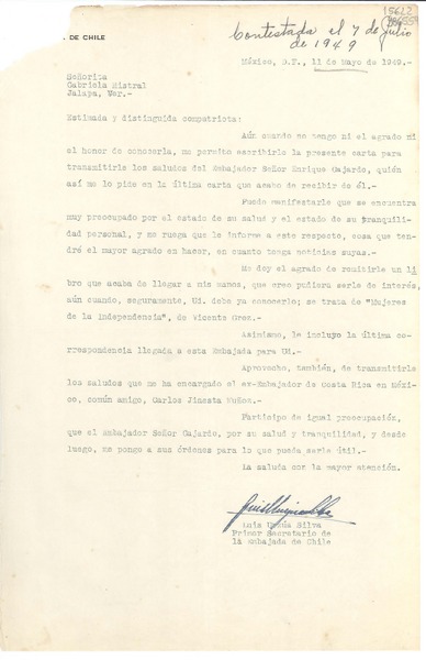 [Carta] 1949 mayo 11, México D. F. [a] Señorita Gabriela Mistral, Jalapa, Ver.