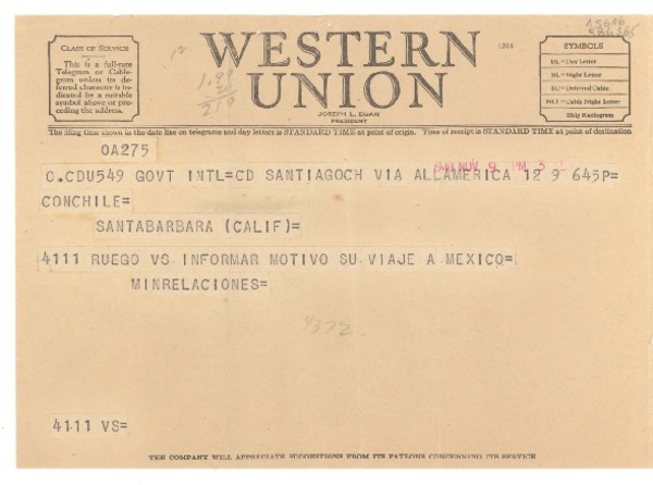 [Telegrama] 1948 Nov. 9, Santiago, [Chile] [al] Con. Chile, Santa Barbara, Calif., [EE.UU.]