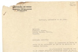 [Carta] 1948 nov. 23, República de Chile, Ministerio de Relaciones Exteriores, Santiago, Chile [a la] Señorita Consuelo Saleva, Posada Toledo, Mérida, Yucatán, [México]