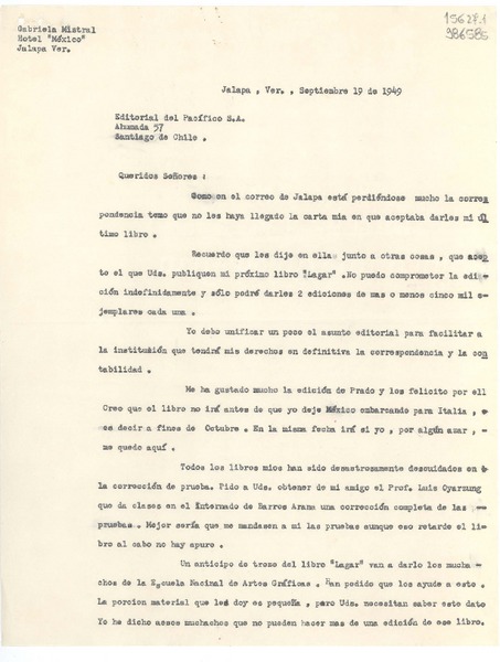 [Carta] 1949 sept. 19, Jalapa, Ver., [México] [a] Editorial del Pacífico S. A., Ahumada 57, Santiago de Chile