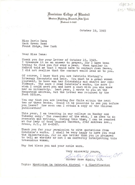 [Carta] 1965 oct. 19, Blauvelt, New York, [Estados Unidos] [a] Doris Dana, Pound Ridge, New York, [Estados Unidos]