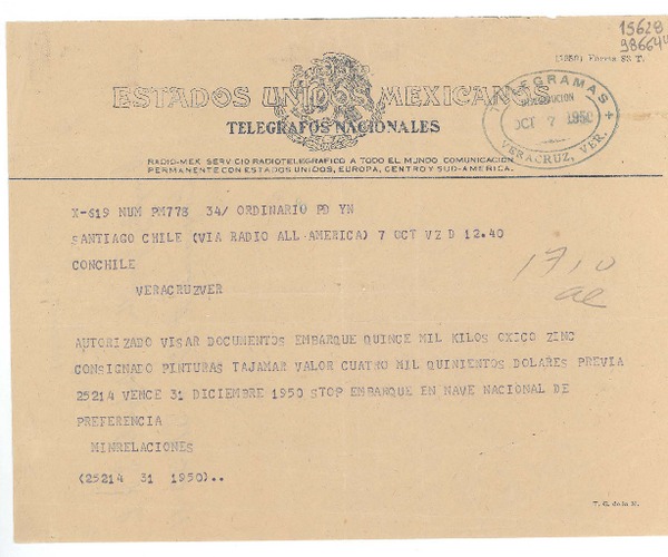 [Telegrama] 1950 oct. 7, Santiago, Chile [a] Consulado de Chile, Veracruz