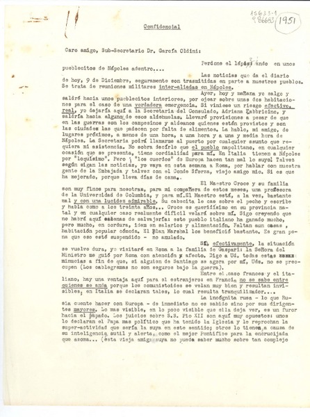 [Carta] 9 dic. [1951], [Italia] [al] Caro amigo, Sub-Secretario Dr. García Oldini