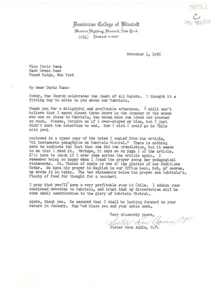 [Carta] 1965 nov. 1, Blauvelt, New York, [Estados Unidos] [a] Doris Dana, Pound Ridge, New York, [Estados Unidos]