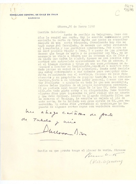 [Carta] 1952 ene. 26, Consulado General de Chile, Génova, Italia [a la] Querida Gabriela, [Italia]