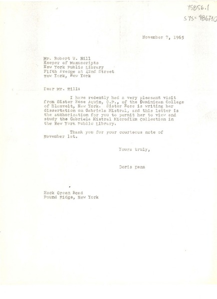 [Carta] 1965 nov. 7, Pound Ridge, New York, [Estados Unidos] [a] Robert W. Hill, New York, [Estados Unidos]