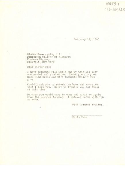 [Carta] 1966 feb. 17, [Pound Ridge, New York, Estados Unidos] [a] sister Rose Aquin, o.p., Bleuvelt, New York [Estados Unidos]