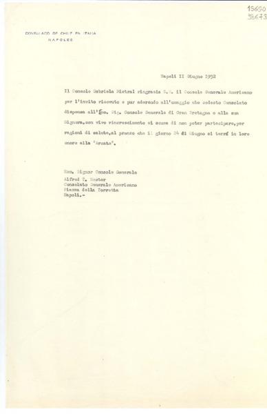 [Carta] 1952 giugno 11, Napoli, [Italia] [a] Emo. Signor Console Generale, Alfred T. Nester, Consolato Generale Americano, Piazza della Torretta, Napoli