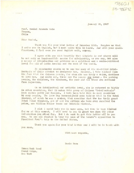 [Carta] 1967 jan. 20, Pound Ridge, New York, [Estados Unidos] [a] Daniel Melo Araneda, Trupán, Chile