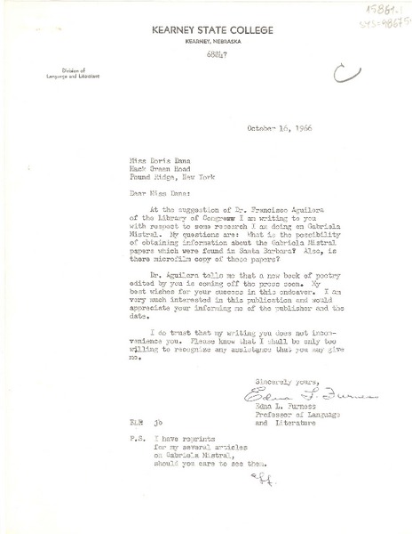 [Carta] 1966 jan. 20, [Kearney, Nebraska, Estados Unidos] [a] Doris Dana, Pound Ridge, New York, [Estados Unidos]